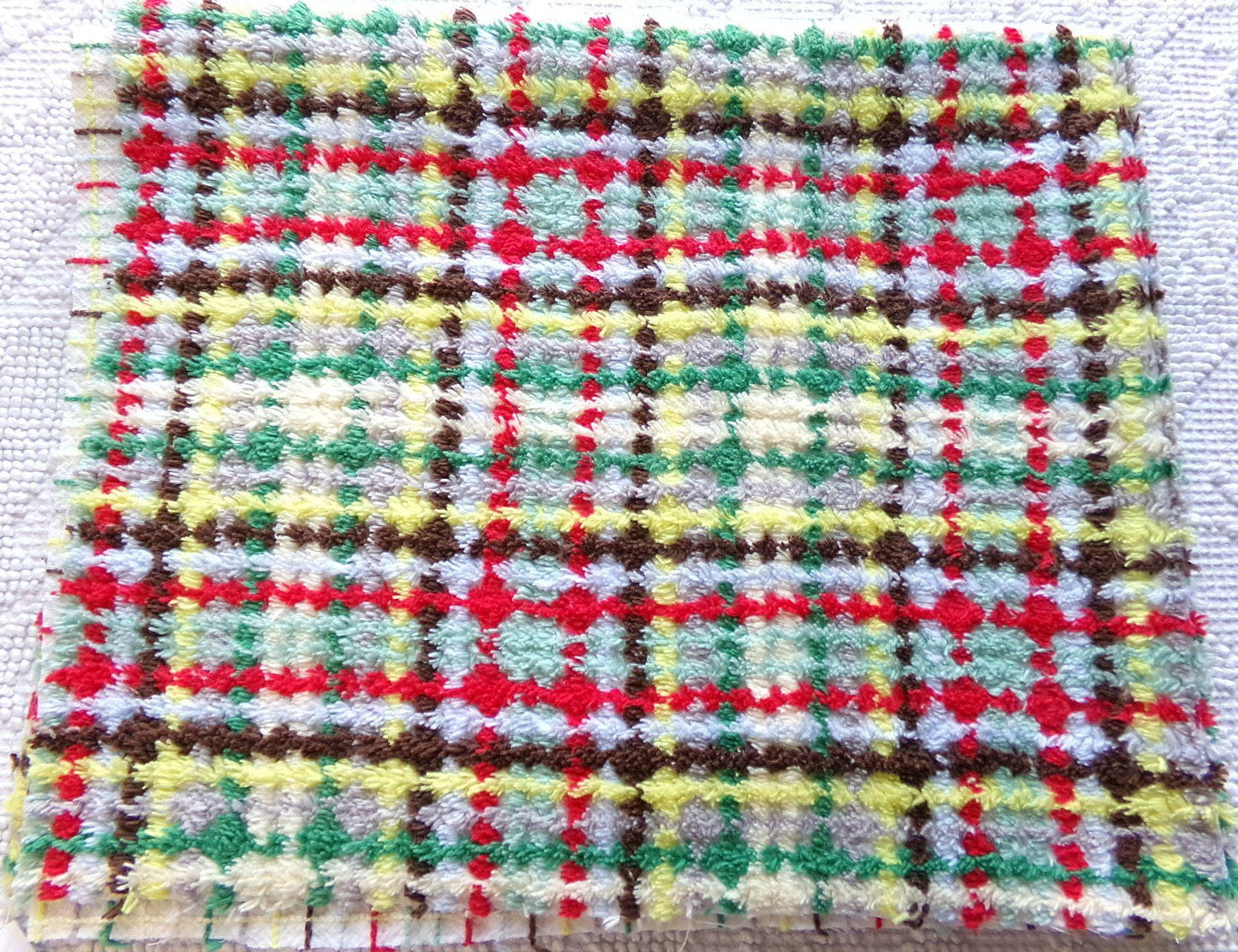brightly colored vintage chenille fabric in retro rustic plaid design, 20" x 24" inch piece of quilt material for sewing & crafts