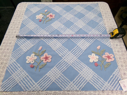 Coastal Floral Vintage Chenille Bedspread Fabric Blue & White 25 x 27" Piece