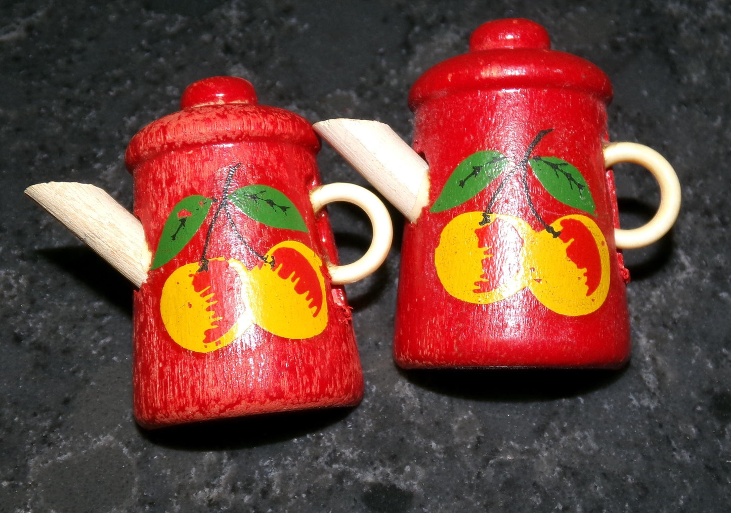 vintage curtain pinbacks pushpins, MCM 1940s wood coffee pot with cherries
