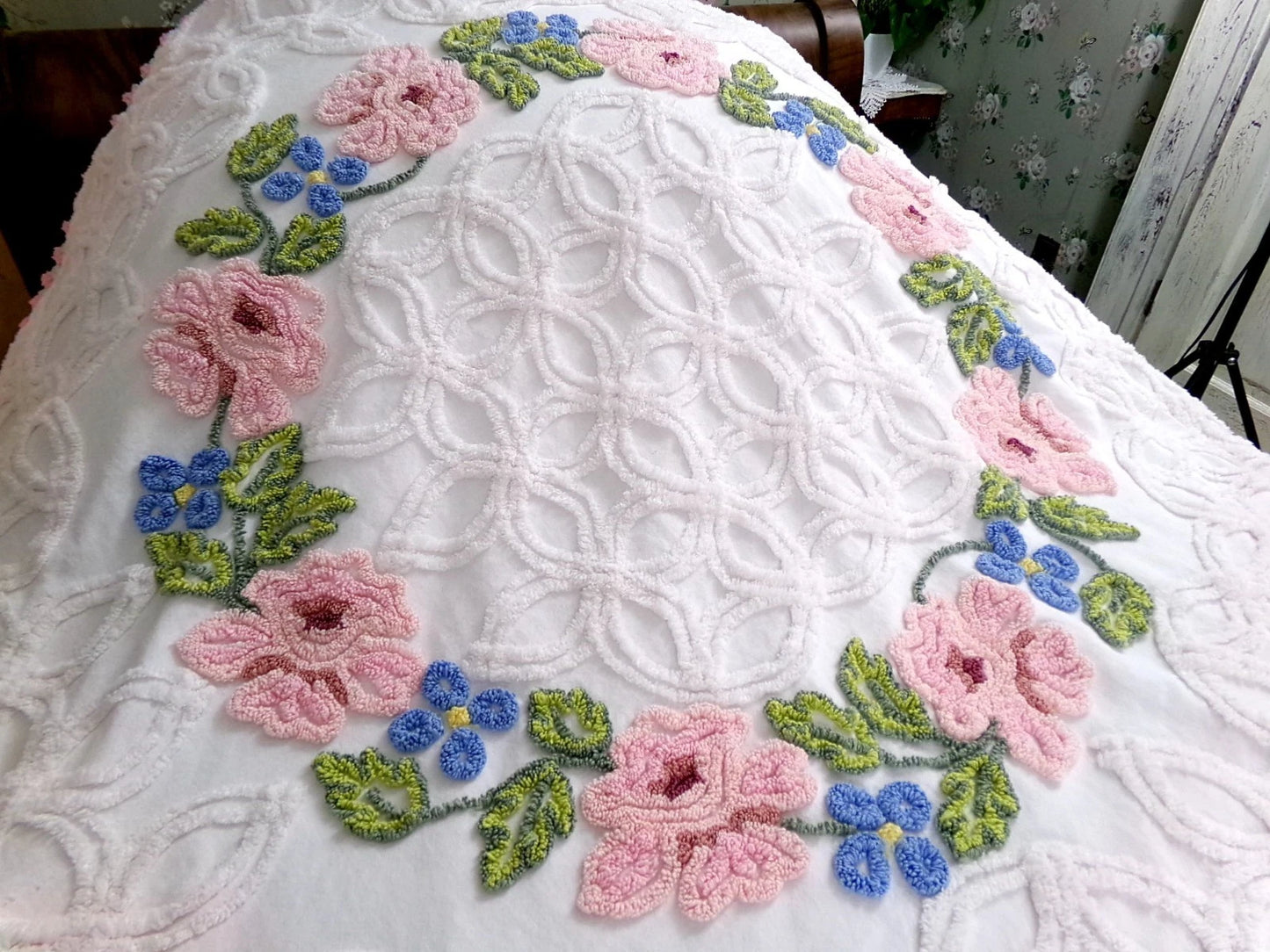 Vintage Floral Quilt Handmade from Shabby Chenille Bedspread Fabrics 52x45.5"