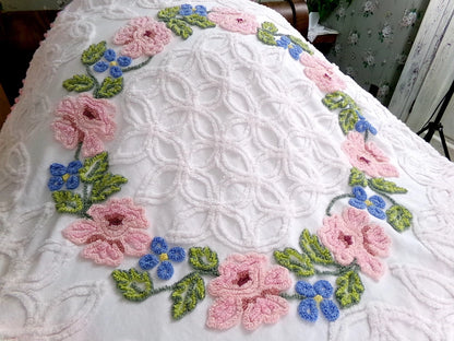 Vintage Floral Quilt Handmade from Shabby Chenille Bedspread Fabrics 52x45.5"