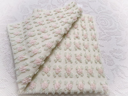 Creamy Vanilla Pink Rosebud Vintage Chenille Bedspread Fabric, 18 x 24"