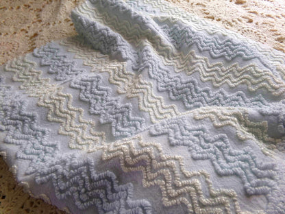 pastel blue & white vintage chenille fabric 23" x 20" gentle zig zag texture quilting material