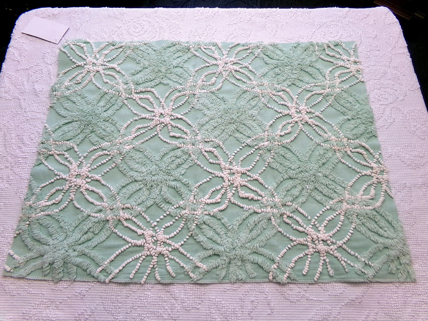 trendy jade green vintage chenille fabric: 18" x 24" piece w/ contrast spider rings for quilting, crafts