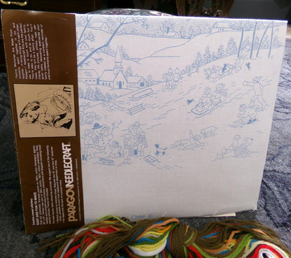WINTER FUN Crewel Embroidery Kit, Vintage Paragon Needlecraft 0926, Snow Scene Wall Art