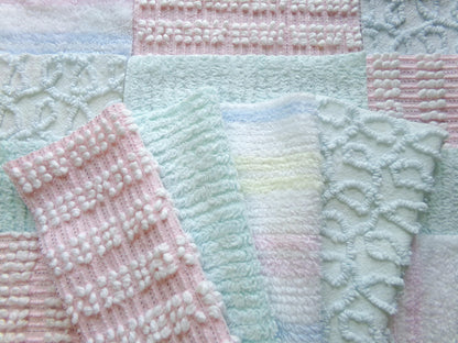 vintage chenille fabric squares, "summer rainbow" set of 16 pastel 6" quilt blocks, gentle geometric patterns, for quilting, crafts & sewing