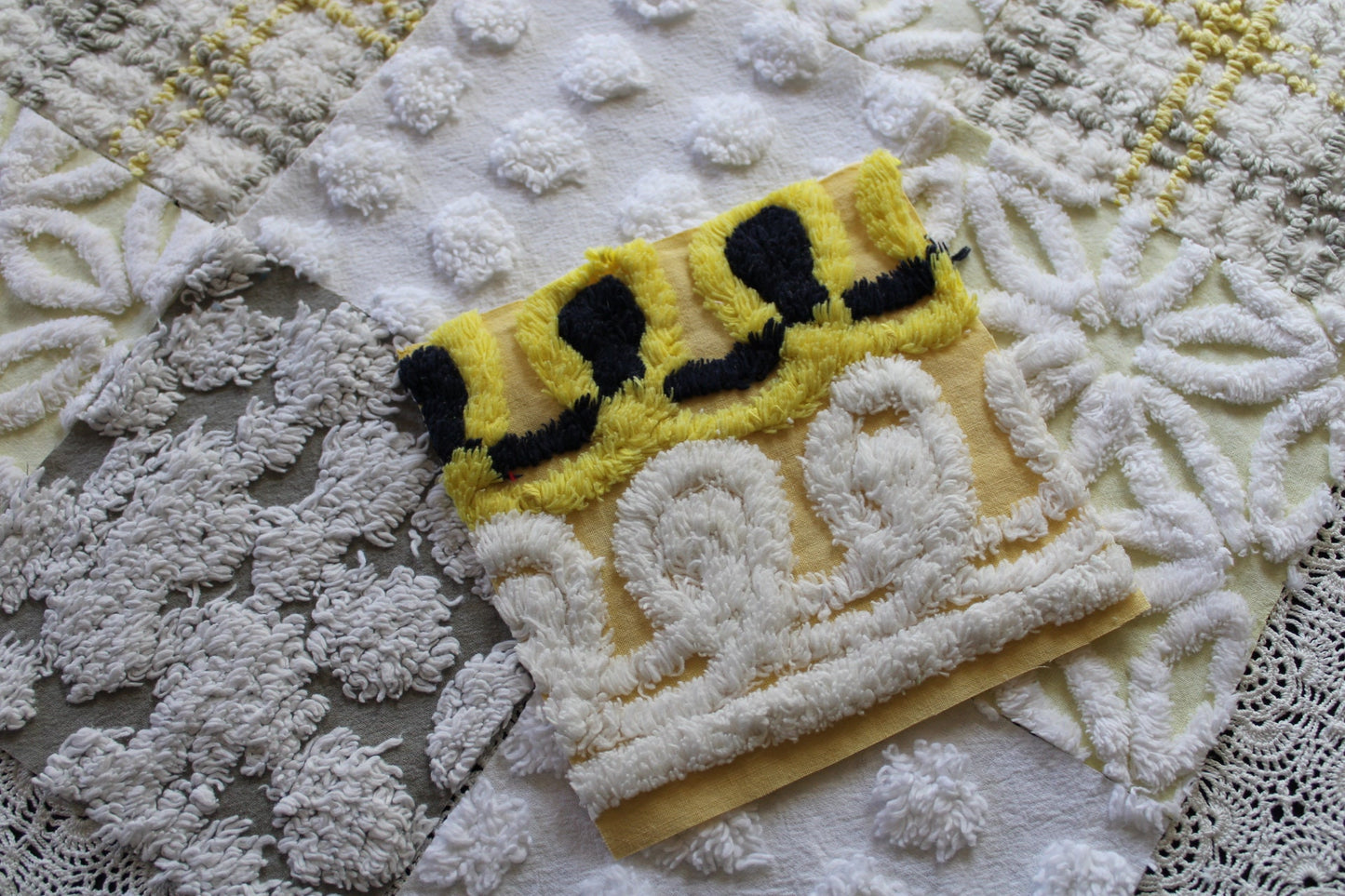 Sun & Clouds Vintage Chenille Fabric Squares, Set of 17 Rotary Cut 6" Quilt Blocks, Soft Yellow, White, Grey