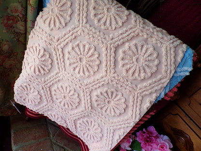 Romantic Daisy Iced Peach Vintage Chenille Quilt Fabric Piece, 31.5" x 22" inches
