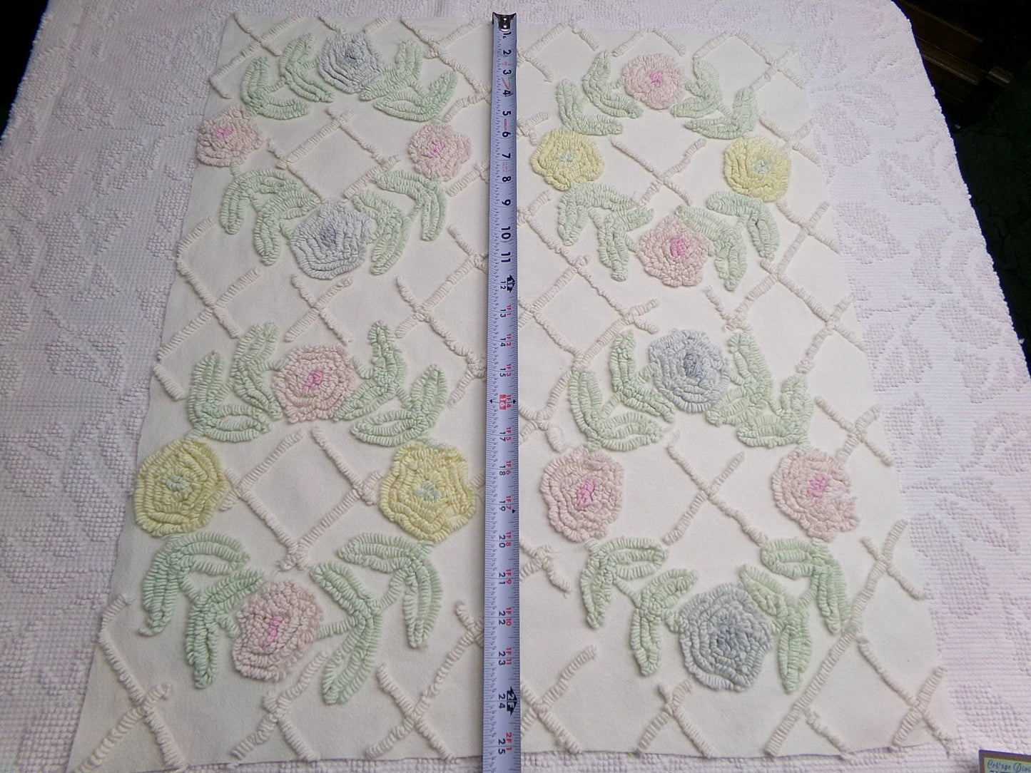 Vintage Chenille Fabric Pastel Spring Floral Wreaths on Antique Cream Cotton, 20" x 24" piece
