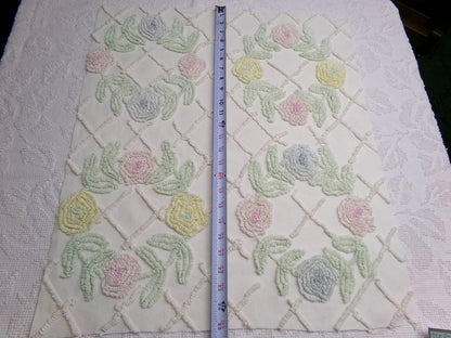 Vintage Chenille Fabric Pastel Spring Floral Wreaths on Antique Cream Cotton, 20" x 24" piece