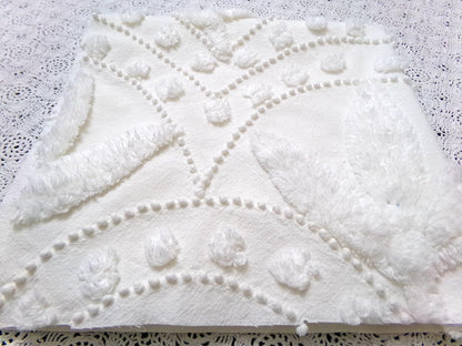 Dainty Vintage Chenille Fabric, Creamy Botanical Leaf Pearl Dots, 20x20" Piece