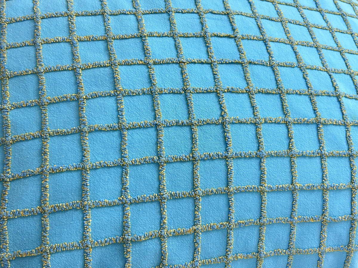 Sporty Squares Vintage Chenille Bedspread Fabric, Aqua Gold Windowpane Grid 19x23"