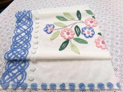 shabby chic vintage chenille bedspread fabric 17.5x24" blue white floral