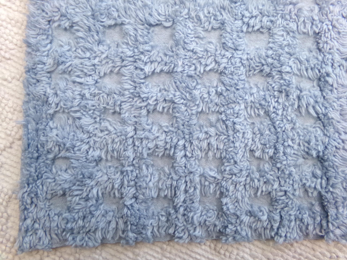 Blue Windowpane Vintage Chenille Fabric, tufted geometric square design, sewing craft quilt material, 18" x 25" piece