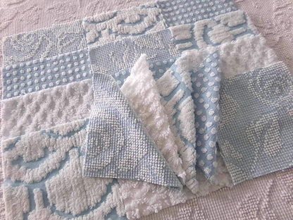 coastal chill chenille fabric squares, cool blue & white dot, diamond geometric patterns, set of 16 vintage quilt blocks 6" each for sewing