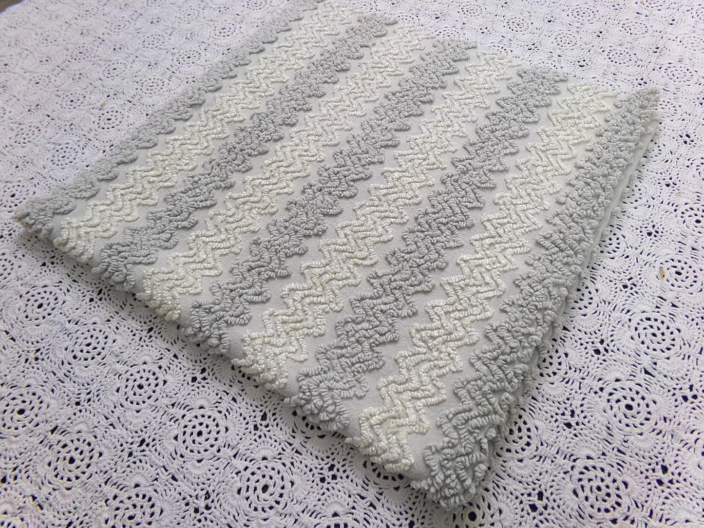 Vintage Chenille Fabric, Grey White Zig Zag Texture 23x23" Quilt Material