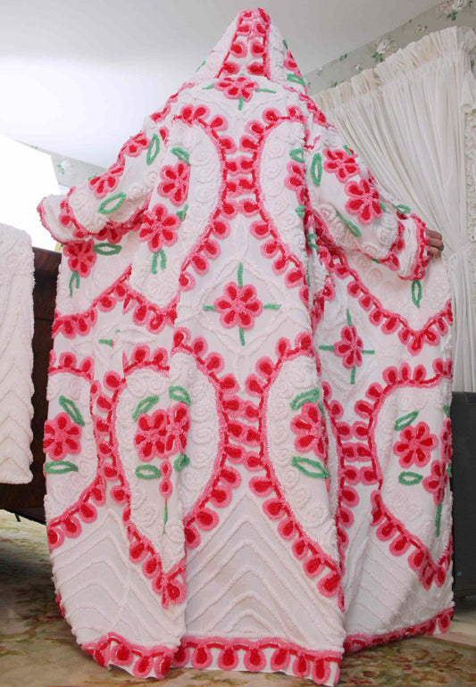 Hooded Chenille Robe in Pink Hearts & Flowers, Cozy Cute Medium / Large Hooded Vintage Style Women's Bathrobe