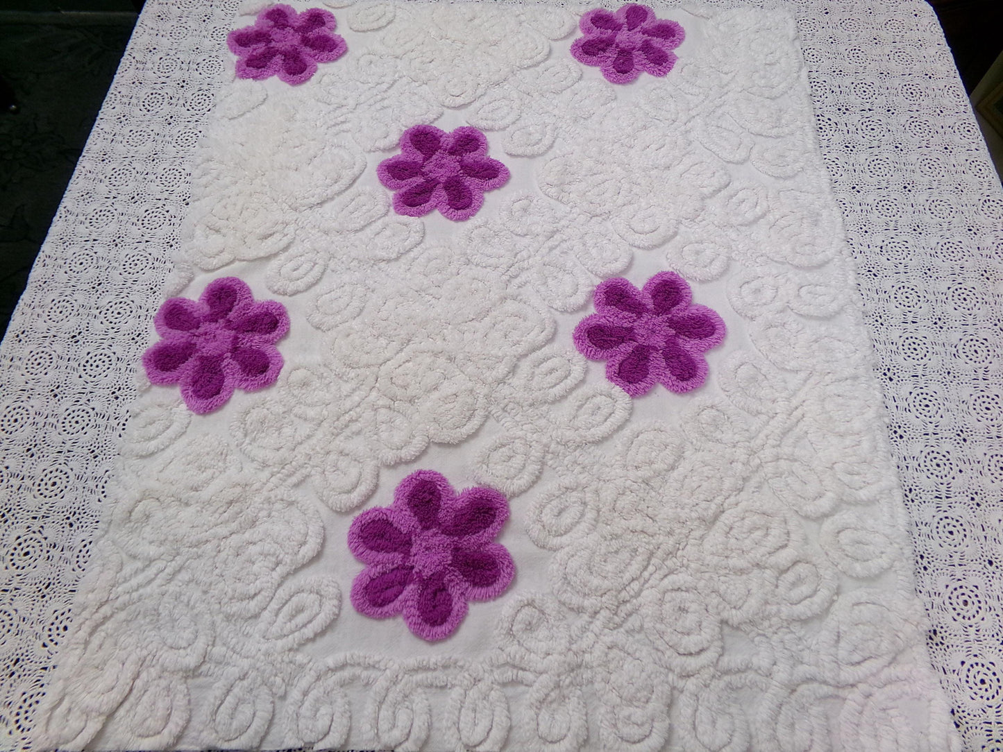 Snowy Violets Vintage Chenille Bedspread Fabric Purple & White 26 x 20" Piece