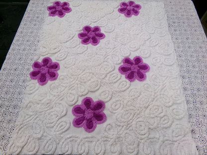 Snowy Violets Vintage Chenille Bedspread Fabric Purple & White 26 x 20" Piece