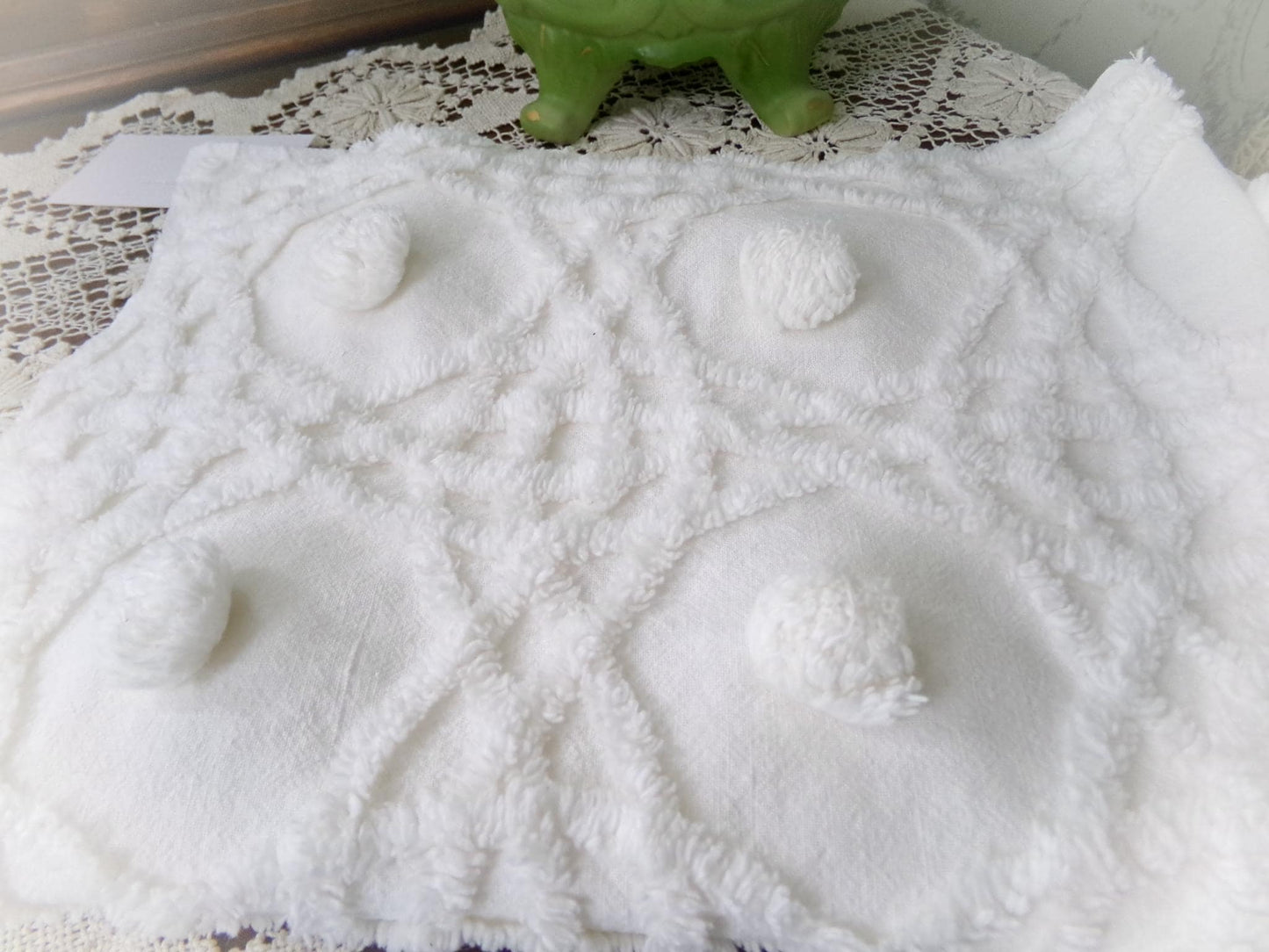 Vintage Chenille Bedspread Fabric, Plush Blue Flowers White Curlicues, 18x24" Piece