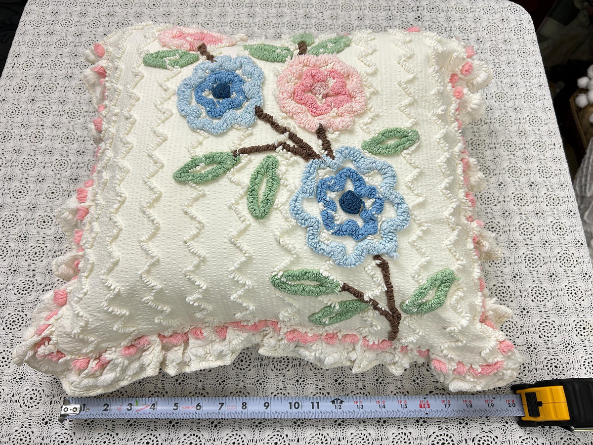 Floral Ruffled Vintage Chenille Pillow Cover 18" Square Seersucker