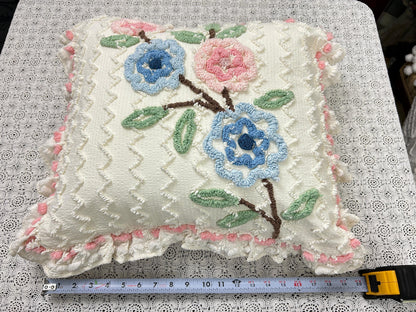 Floral Ruffled Vintage Chenille Pillow Cover 18" Square Seersucker