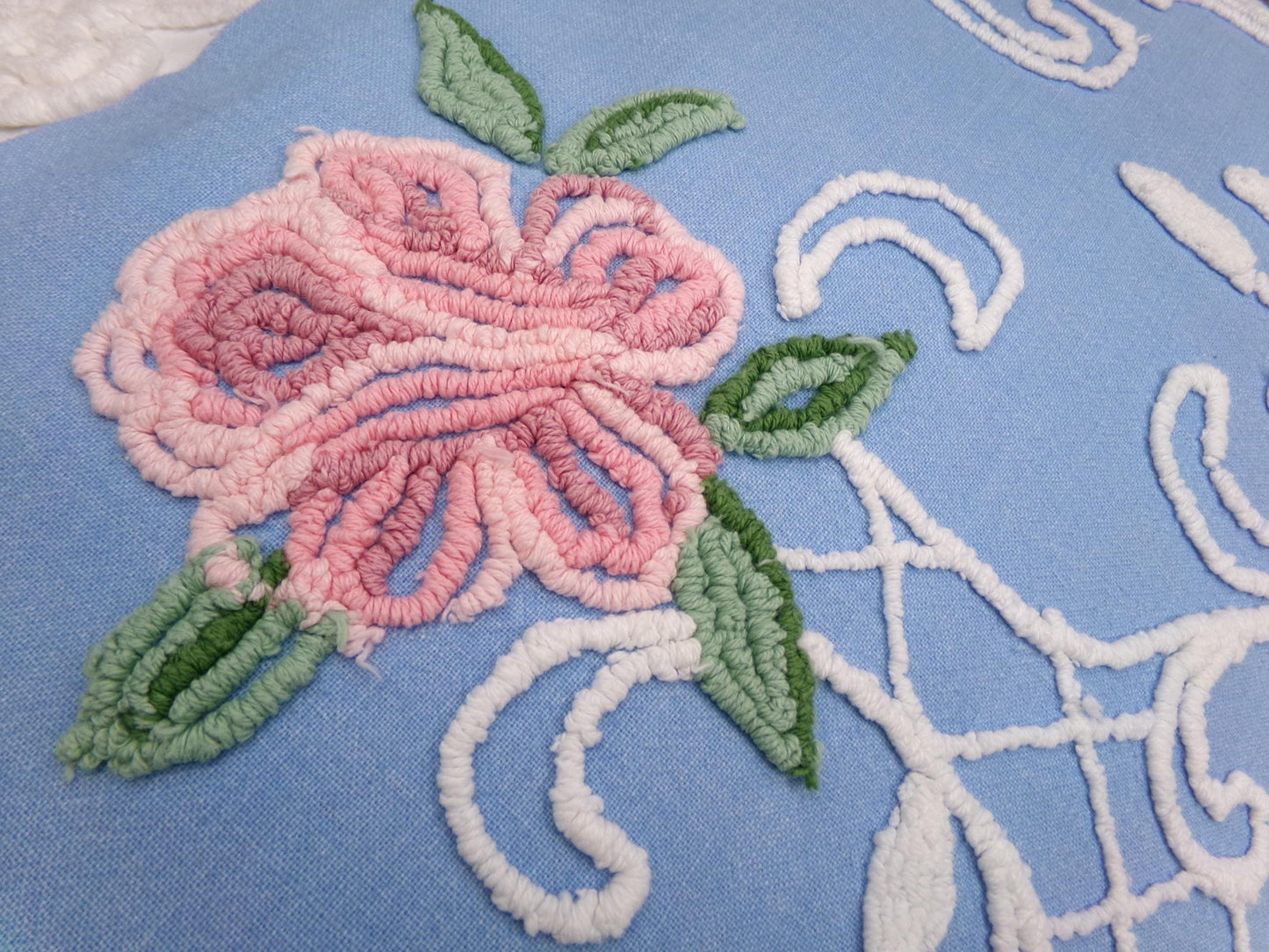 shabby cottage rose vintage chenille fabric, blue white floral sewing material, 15" x 30" piece
