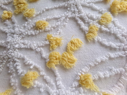 white chenille fabric with goldenrod yellow pops, vintage 18" x 24" inch piece of quilt material in traditional wedding ring designs