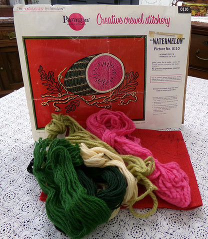 WATERMELON Crewel Embroidery Kit, Vintage Paragon Needlecraft 0110, Kitschy Wall Art