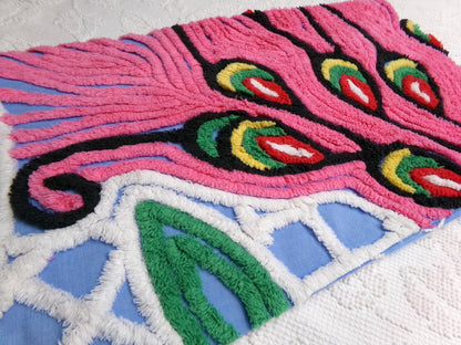 Exotic Artsy Vintage Chenille Bedspread Fabric Piece Pink Peacock Feathers, 19" x 24"