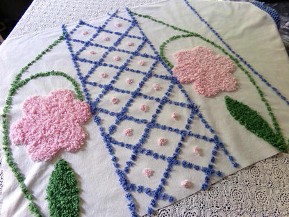 Jumbo Pink Flowers Vintage Chenille Material, 33" x 22" inch Fabric Piece, Blue Diamonds Tufts with Victorian Fringe Edge, Exquisite Design