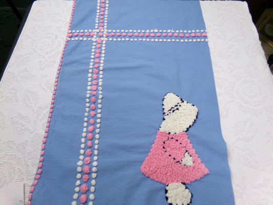 sunbonnet girl vintage chenille bedspread fabric, pink & blue sewing material, 17" x 29"