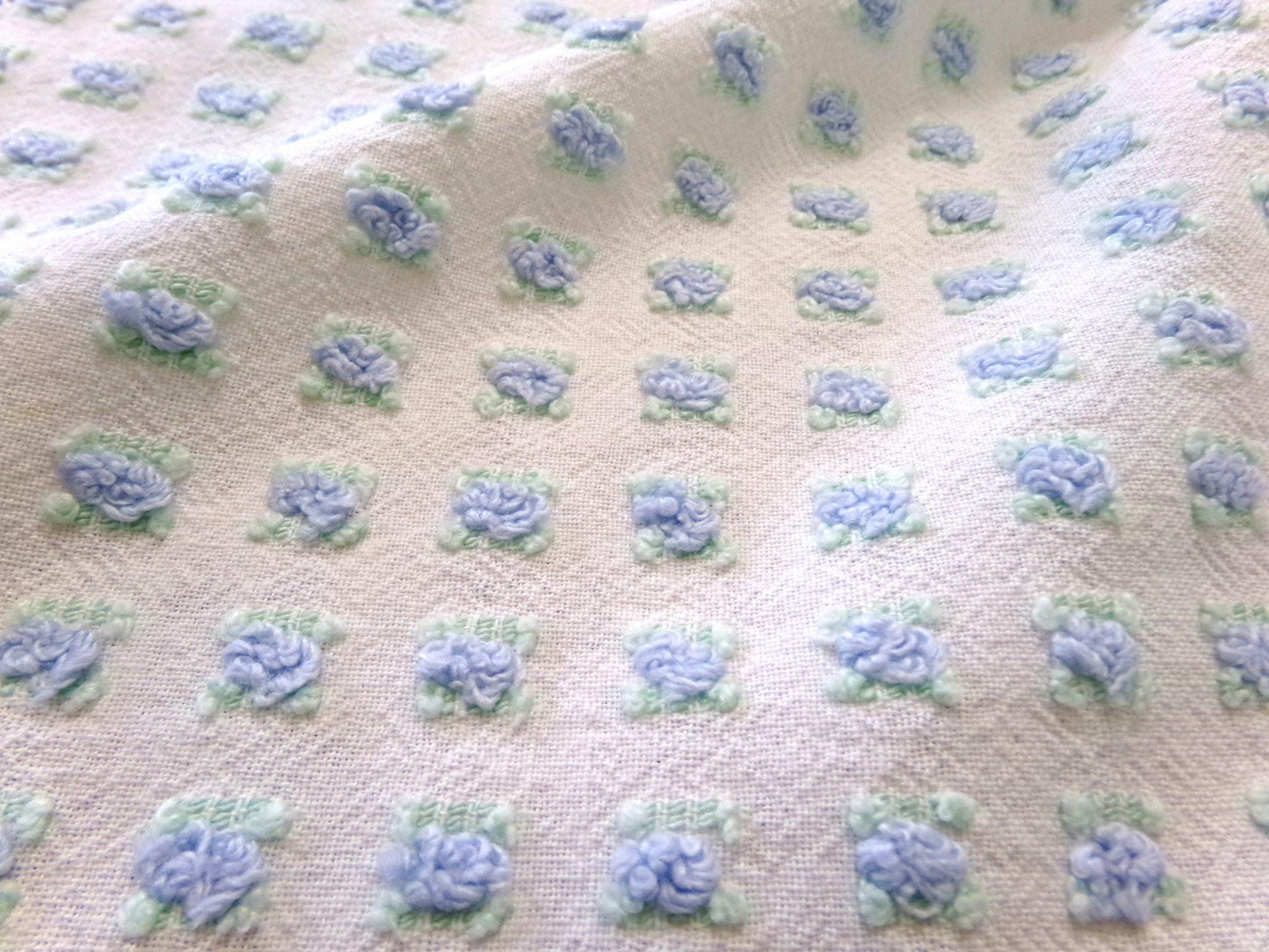 Tiny Blue Rosebuds Vintage Chenille Quilt Fabric, 18" x 21" inch Piece Lightweight Mini Roses
