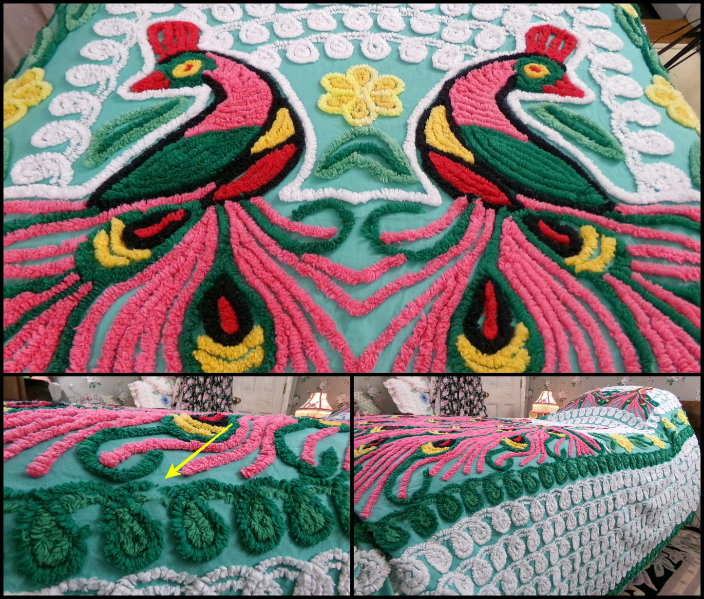 Green Peacock Vintage Chenille Bedspread, Full Size Pink Lovebirds & Swirls