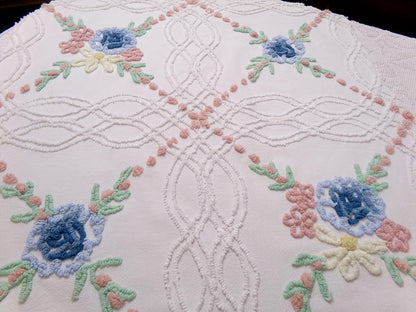 Autumn Wildflower Vintage Chenille Bedspread Fabric, Floral Quilt Material, 25" x 24" piece