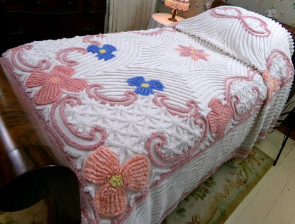 Vintage Chenille Bedspread Full Size Plush Luxurious Tufting, Shabby Chic Style Cotton Bedding
