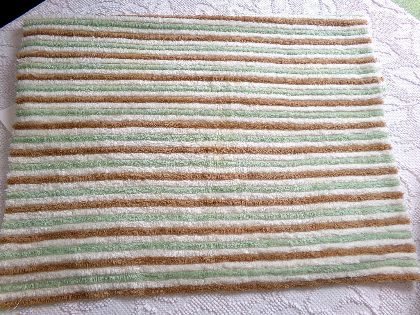 vintage striped chenille fabric in cocoa puff & mint green velvety soft stripes, 18" x 24" cut piece