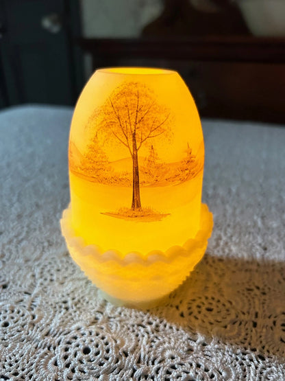 Vintage Fenton Fairy Lamp Secluded Log Cabin Country Hand Painted Artist Signed