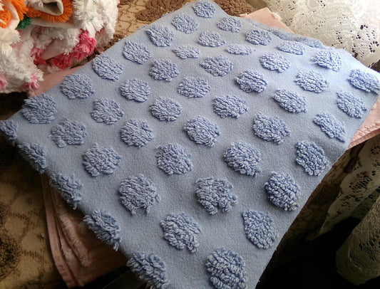 big blue coin pops chenille fabric, vintage style dots on serene blue cotton, 18" x 24" piece of sewing material for crafts & quilting