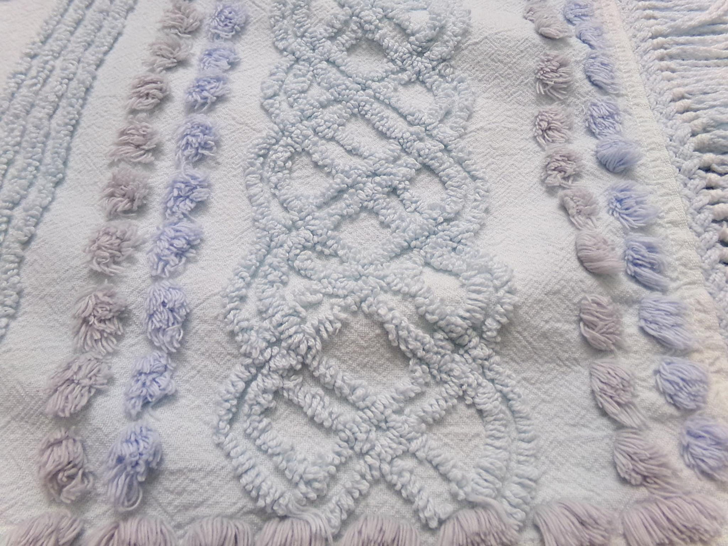 cool blue grey vintage chenille bedspread fabric boho fringe 13x36" cabin crafts