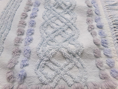 cool blue grey vintage chenille bedspread fabric boho fringe 13x36" cabin crafts
