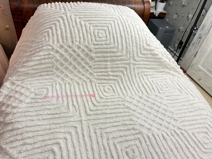 Quietly Bold Vintage Chenille Bedspread, Nested Squares & Diamonds, Full Size