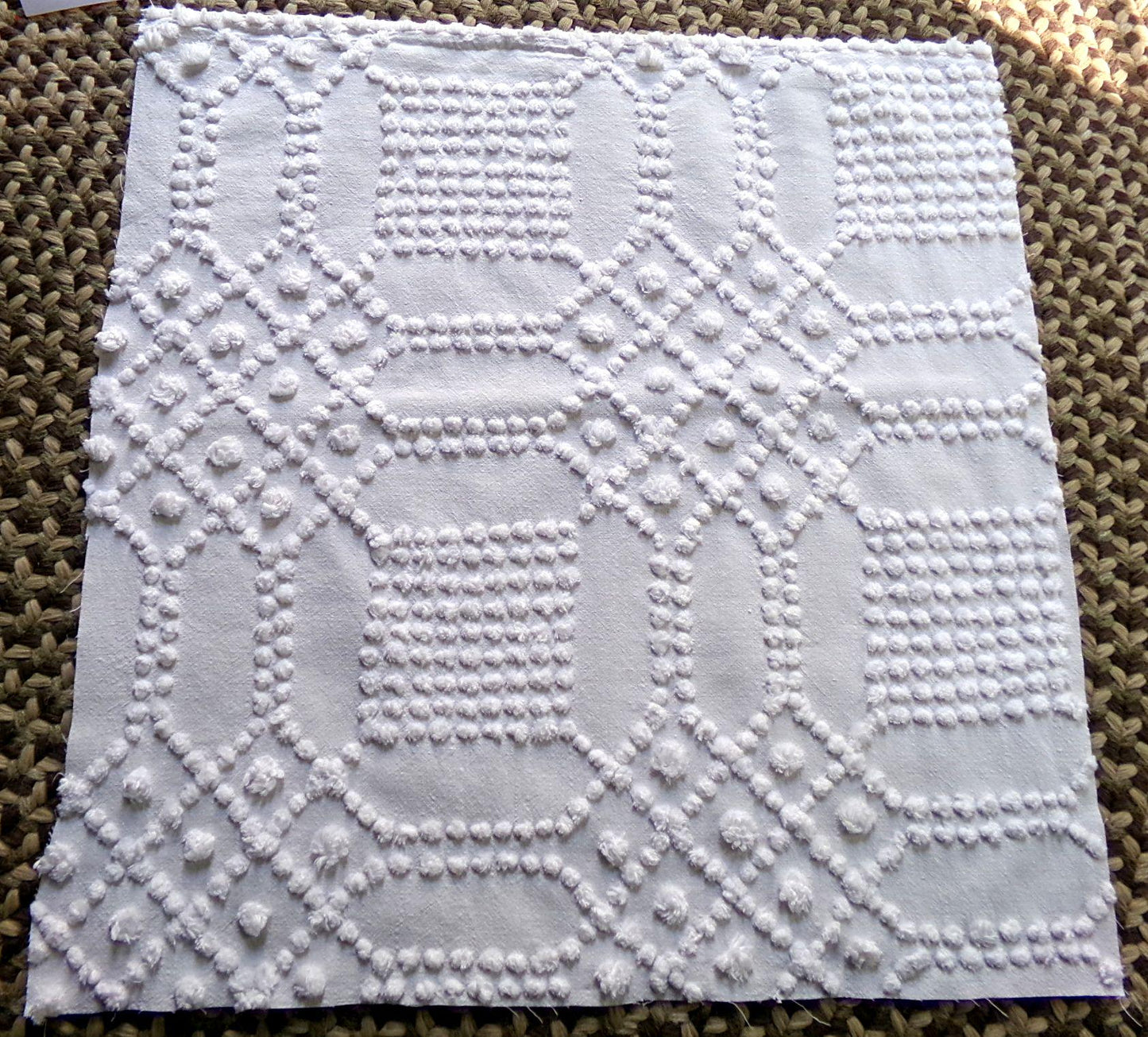 contemporary cosmic white vintage chenille fabric, intricate geometric handtufted sewing material, 22" x 23" piece great for pillows, quilts