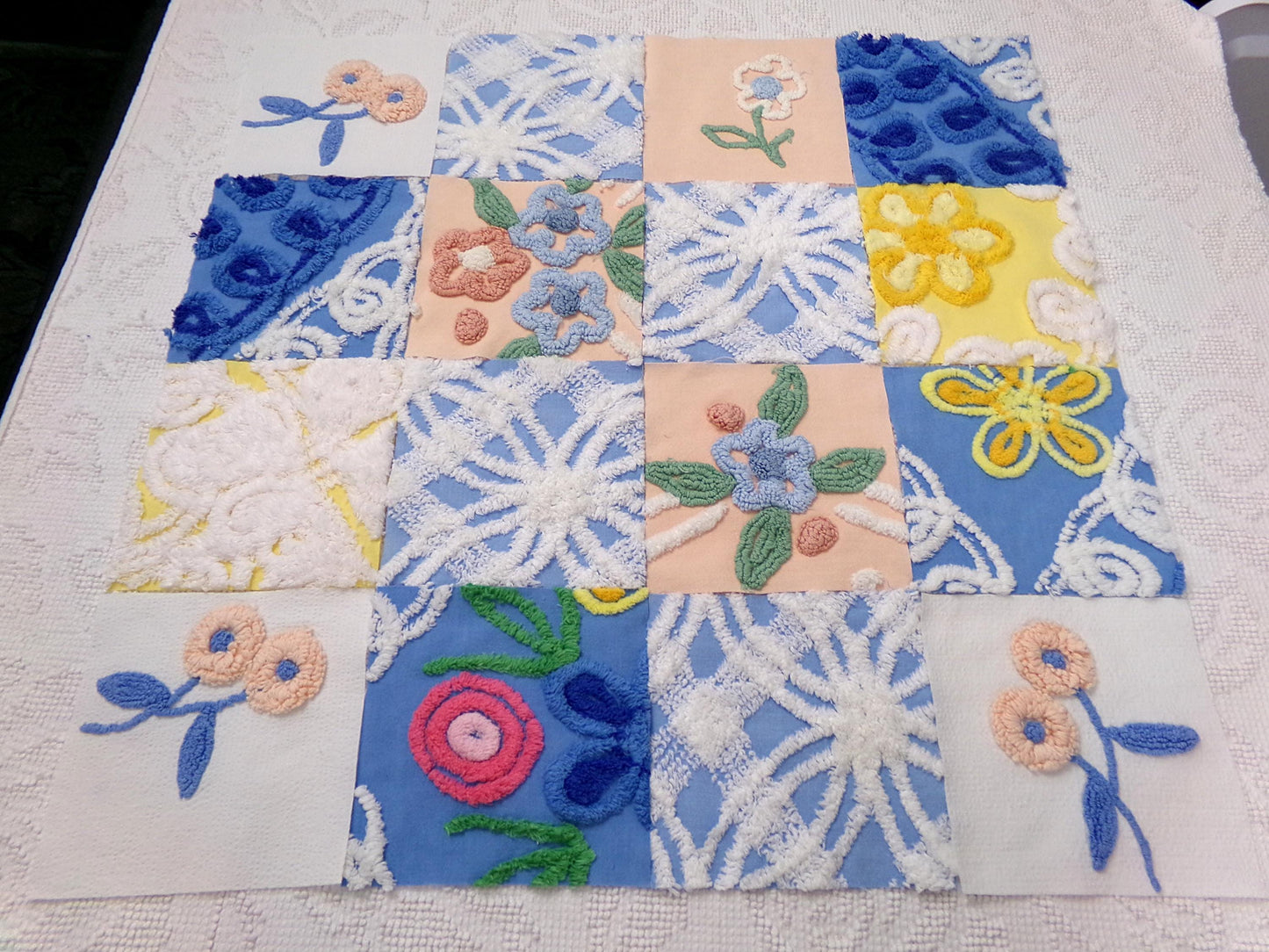 Summer Floral Vintage Chenille Fabric Squares Set, 16 Quilt Blocks, 6" x 6" inches each, for Quilting, Sewing, DIY Pillows