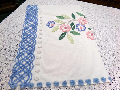 shabby chic vintage chenille bedspread fabric 17.5x24" blue white floral