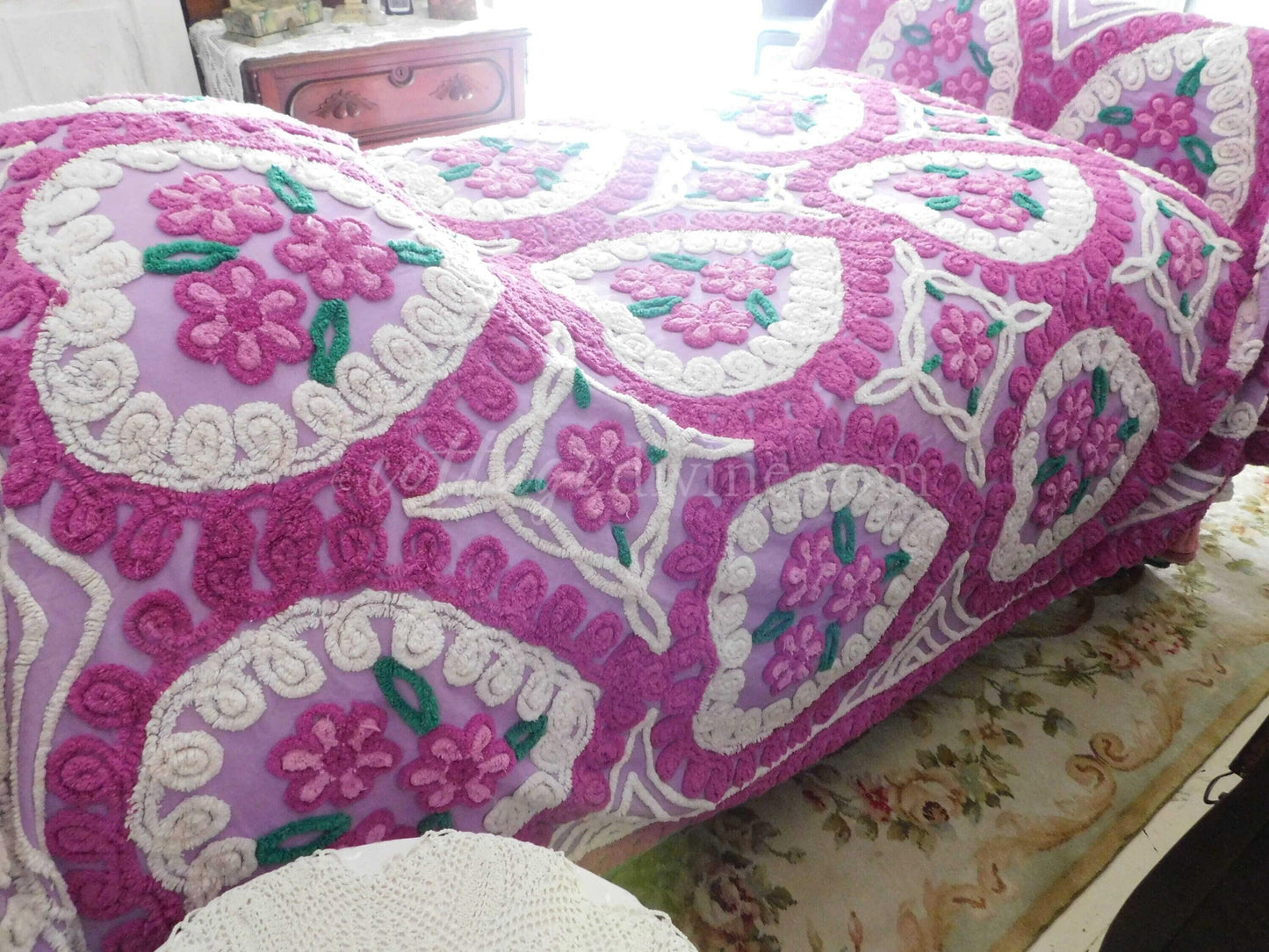 Vintage Chenille Bedspread, Lavender Hearts Hugging Flower Trios in Swirls of Fluffy Tufts, Full Size 1950s Midcentury Design, 100% Cotton