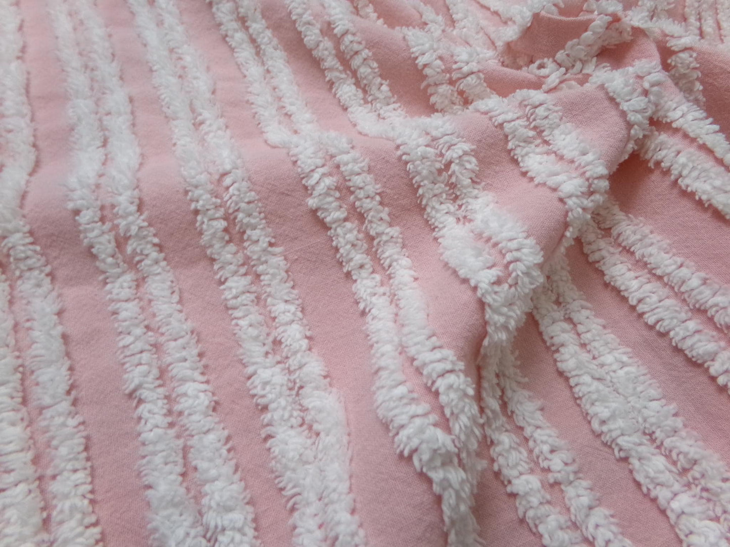 Pink White Double Stripe Vintage Chenille Bedspread Fabric Cottage Chic 14x24" Piece
