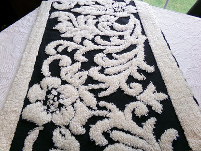Gothic Black Cream Rose Vintage Chenille Fabric, 20" x 25" Inch Piece, Beautiful Material for Pillows