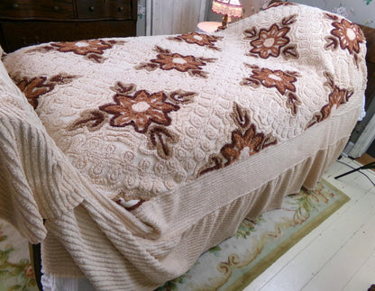 hazelnut coffee floral vintage chenille bedspread, full size luxury bedding with an integrated skirt, boxed & fitted design, boho retreat