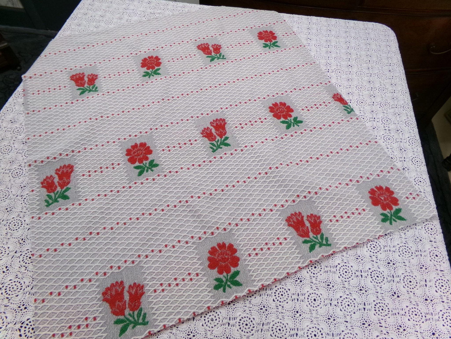 Vintage Woven Fabric, Steel Grey Red Floral Lattice Reversible Cut Piece 24" x 27"
